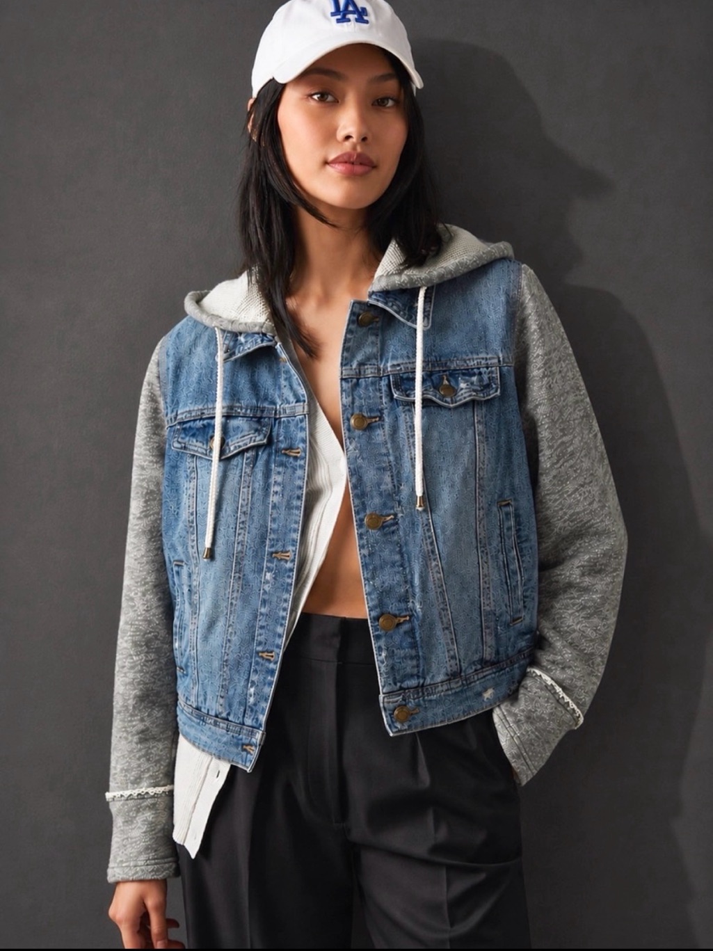 Free People Ramble Mixed Media Hooded Denim Jacket Size S